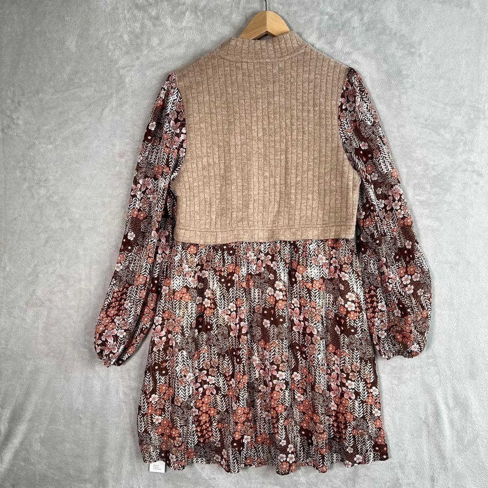 Cupshe Brown Retro Floral Mockneck XL Long Sleeve Mini Dress Cottagecore Prairie - Picture 3 of 15